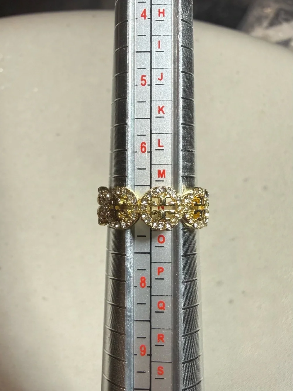 Tory Burch Gold-Tone Crystal Logo Ring Size 7.5